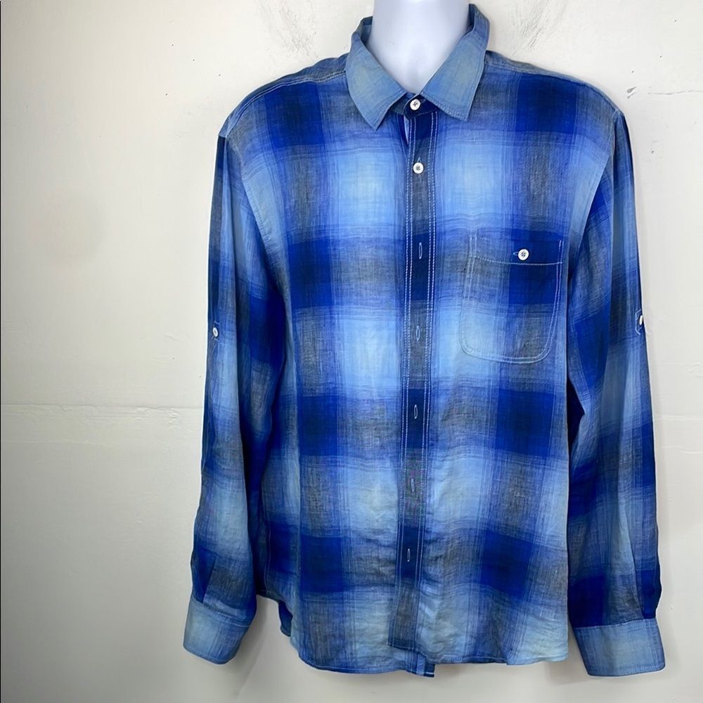 Bugatchi Uomo Linen Shirt Shaped Fit Ombre Blue Plaid Roll tab Long Sleeve L